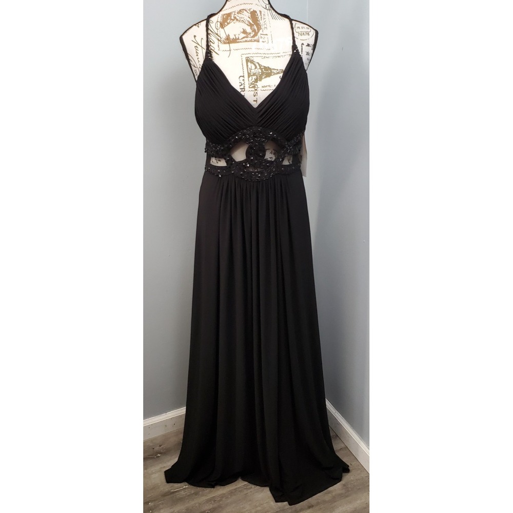 Cachet Maxi Dress Womens 12 Black Glitter Mesh Beaded Cutout Evening Back Zip